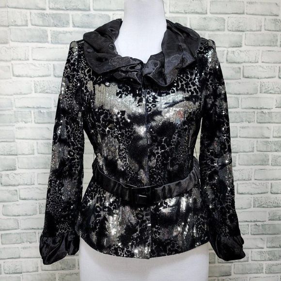 Elite Champagne Ladies 10 Church Jacket Black Velveteen Silver Sequin NYE Formal - Picture 1 of 9